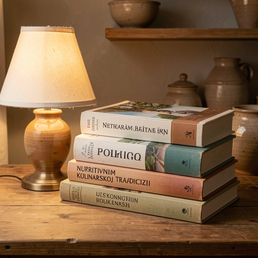 Polica sa knjigama o nutritivnim naukama i kulinarskoj tradiciji, toplo svetlo lampe, drvena površina i keramičke posude u pozadini