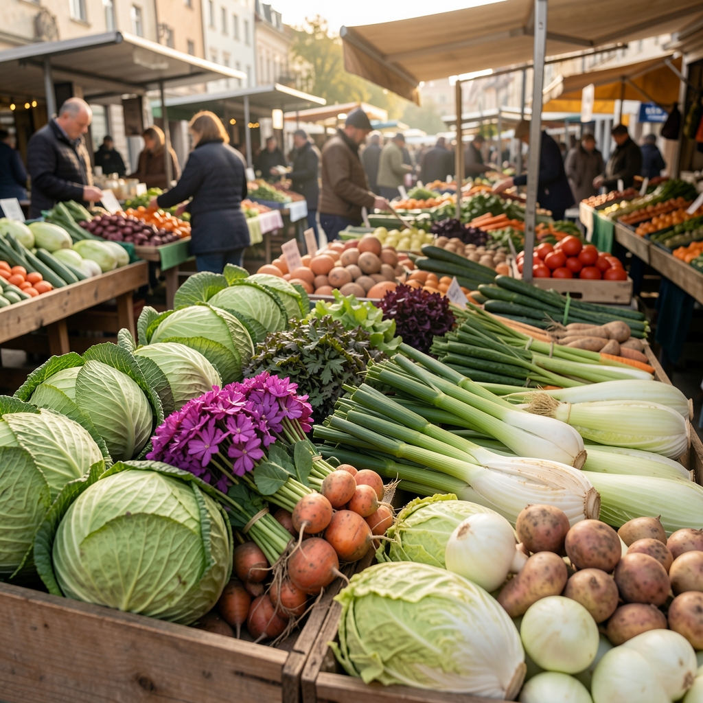 Košara puna svežeg jesenjeg povrća na farmerskoj pijaci: bundeva, cvekla, šargarepa i kupus u prirodnim tonovima