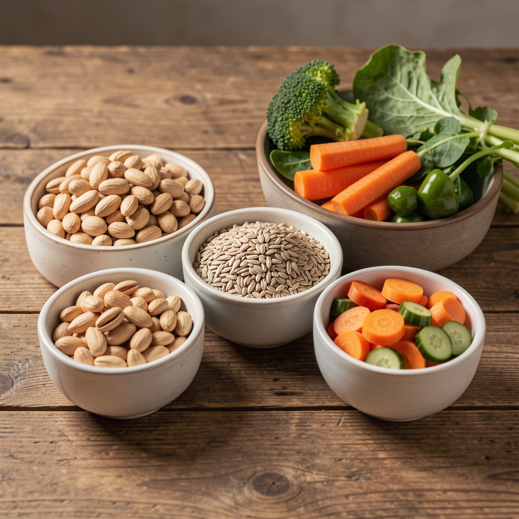 Razvrstane grupe hrane na drvenom stolu: orasi, integralne žitarice, mahunarke i sveže povrće u odvojenim keramičkim zdjelicama
