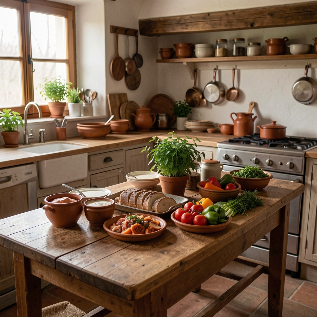 Starija žena mesi testo na drvenom kuhinjskom stolu, naturalni ambijet seoske kuhinje sa glinenim posudama i sušenim biljem