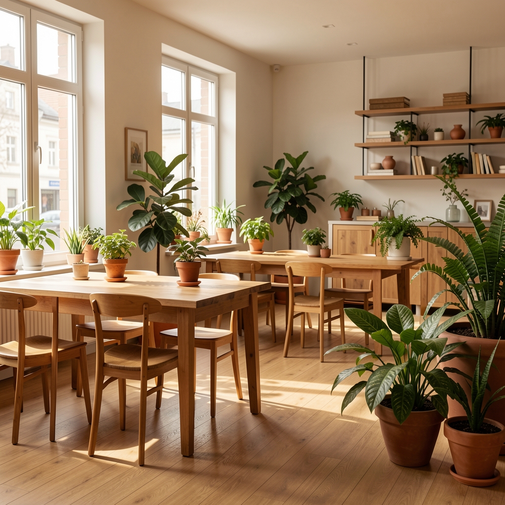 Uredski prostor sa prirodnom svetlošću, drvenim stolovima i zelenilom u saksijama, spokojno radno okruženje u toplim tonovim