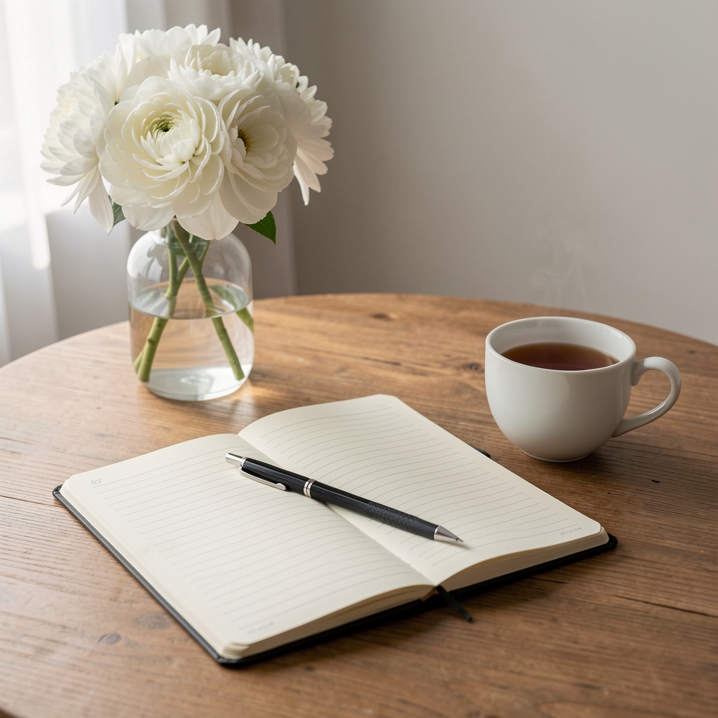 Mirna radna površina sa otvorenim notesom i olovkom, šoljica čaja i beli cvet u vazi, mekano difuzno svetlo