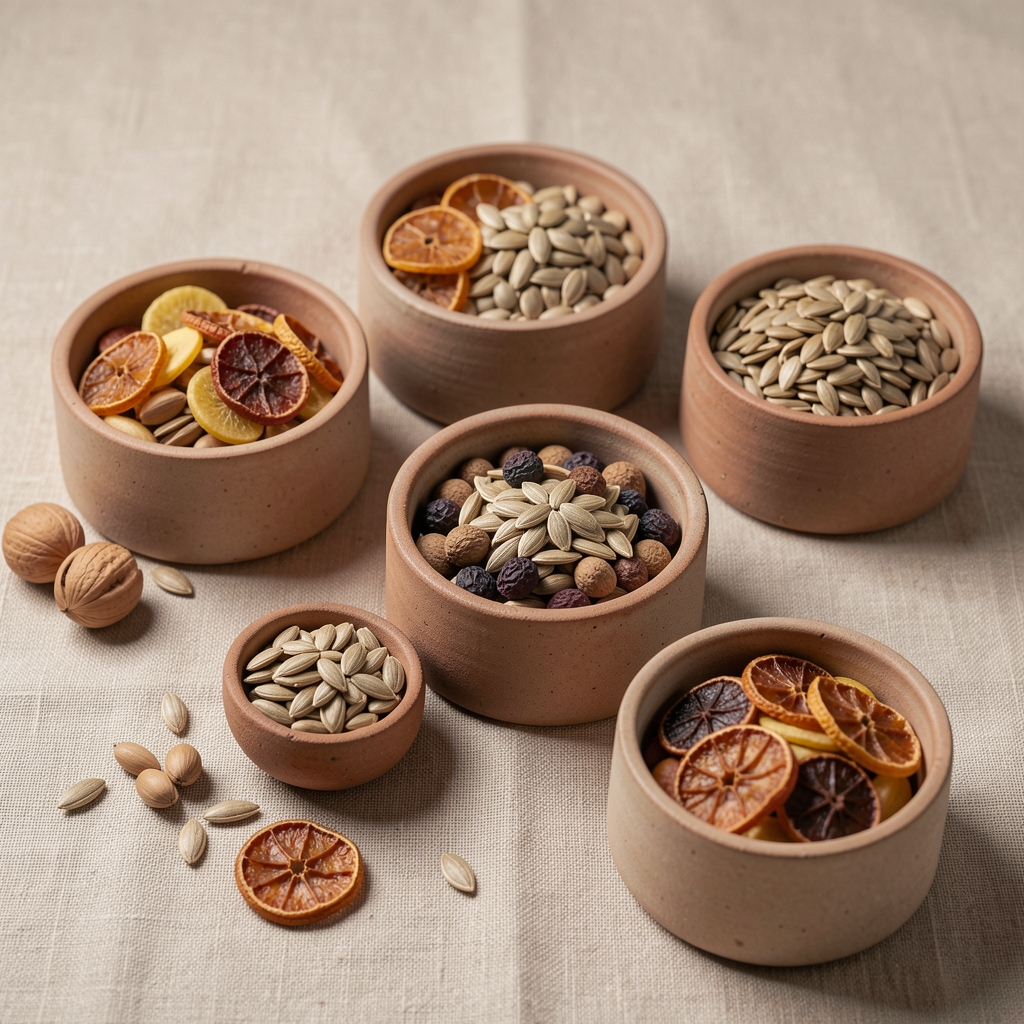 Blizi kadar keramičke zdelice sa raznim semenjem i suvim voćem na platnenoj površini u neutralnim zemlja tonovima