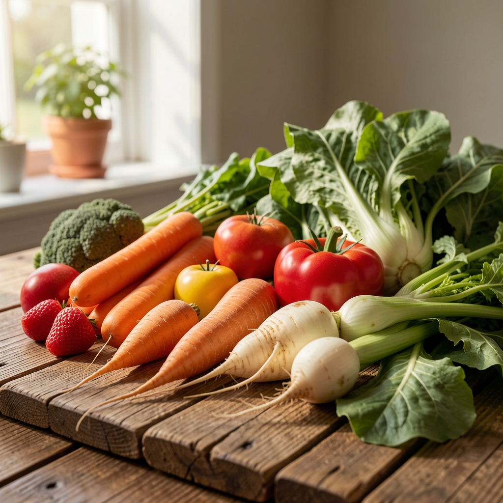 Sveže sezonsko povrće i voće posloženo na rustičnoj drvnoj podlozi u jutarnjem prirodnom svetlu, lišće peršuna i koren cvekle u prvom planu
