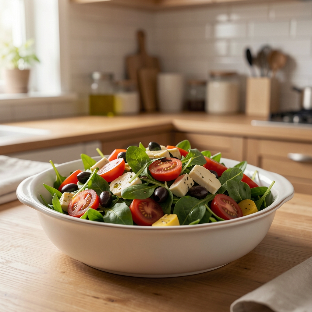 Sveže salata u keramičkoj zdelici sa maslinovim uljem, bliski kadar sa blagim difuznim svetlom u kuhinji